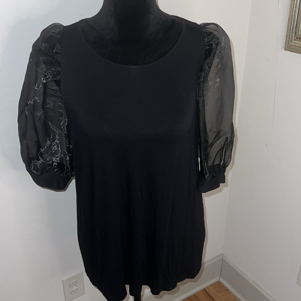 Calvin Klein Organza puff sleeves mixed media black top blouse Sz M